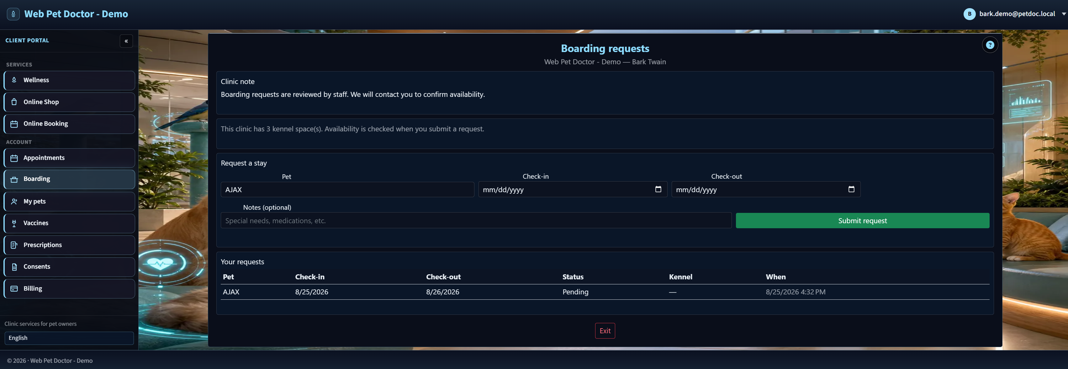 Logged-in Client Portal with left navigation: Wellness, Shop, Booking, Appointments, Boarding, pets, vaccines, prescriptions, consents, and billing